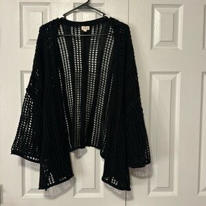 POL Black Oversized Open Knit 3/4 Sleeve Drop Shoulder Open Cardigan